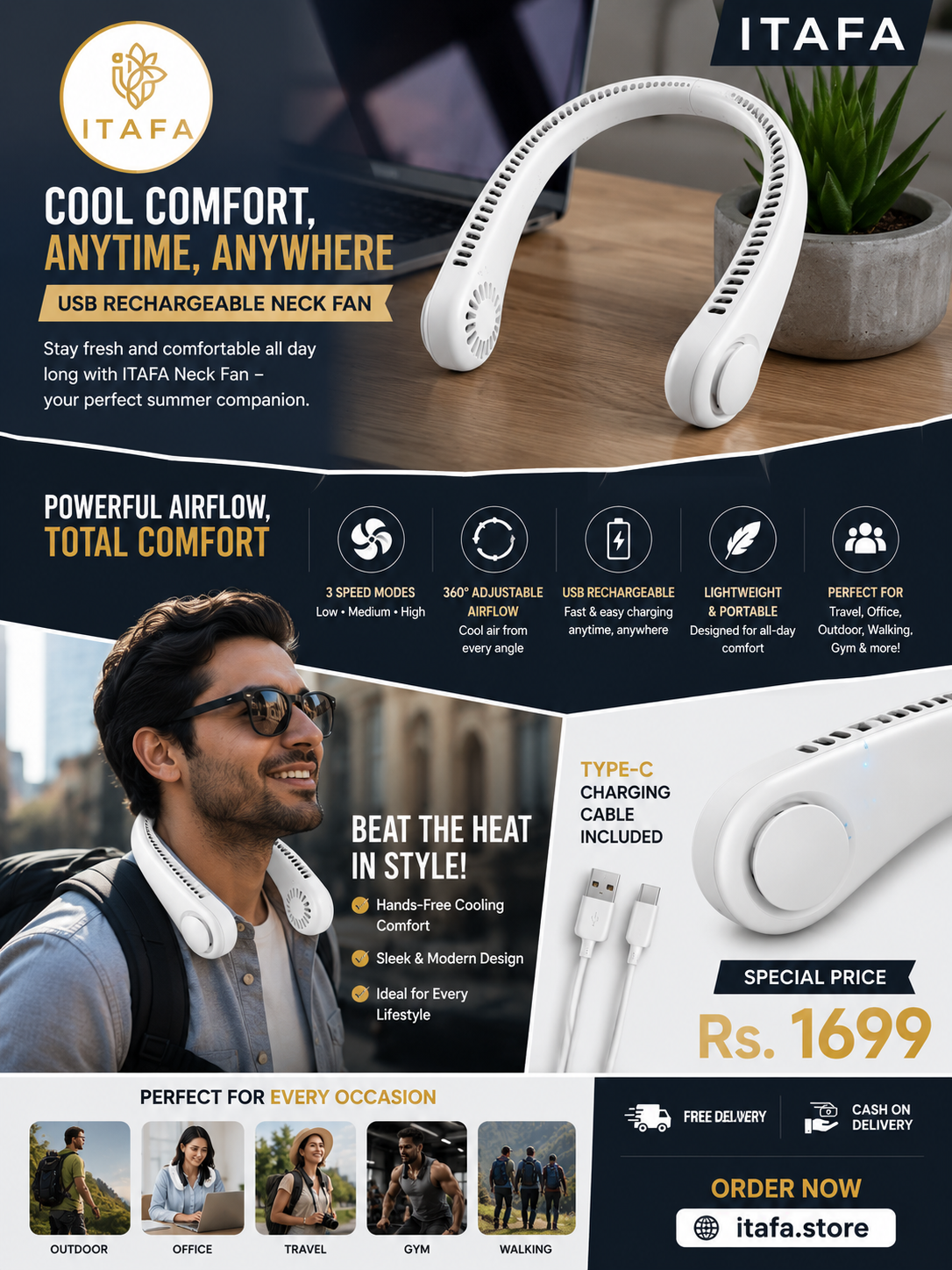 USB Rechargeable Neck Fan | 3 Modes Fan Speed