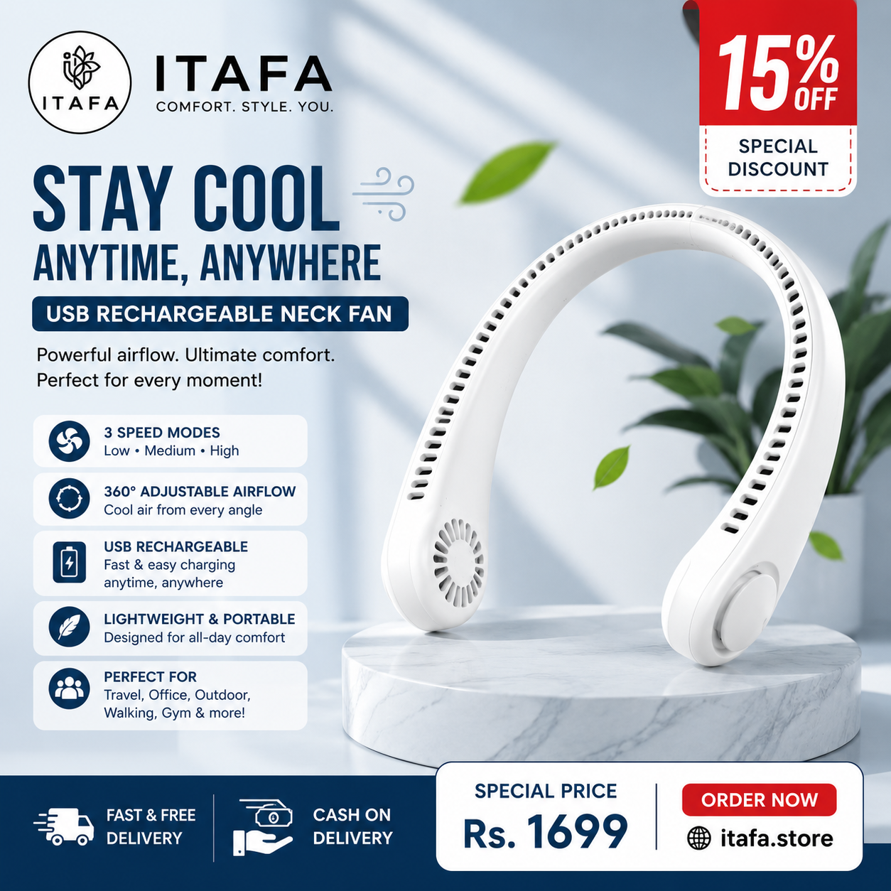 USB Rechargeable Neck Fan | 3 Modes Fan Speed